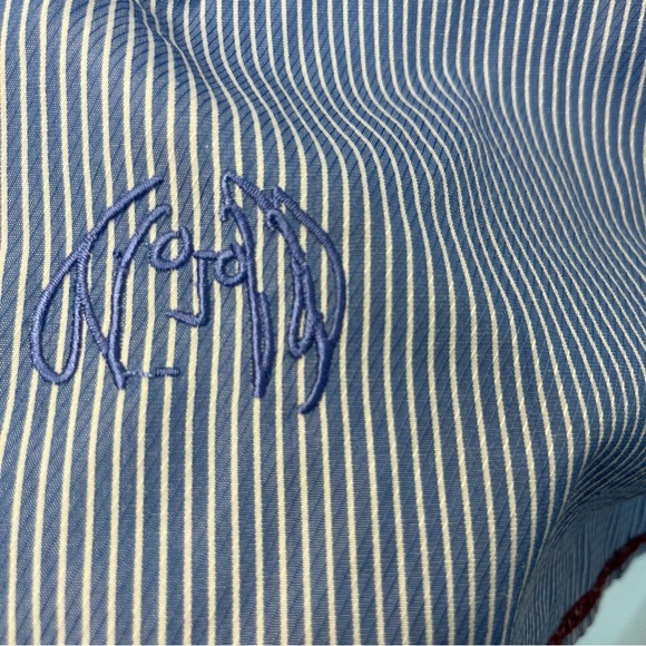 John Lennon Blue Striped Button-Up Men M Shirt White Collar Floral Embroidered - Picture 3 of 13